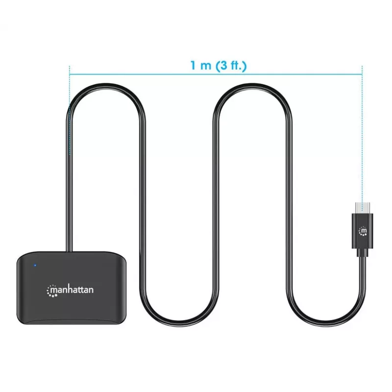 Manhattan USB-C kontaktinių kortelių skaitytuvas su microSD lizdu, USB Type-C vyriškas prie kontaktinio skaitytuvo sąsajos ir microSDXC, palaiko Windows, macOS ir Linux, skaito SIM korteles su adapteriu, kabelis 1m, juodas, trejų metų garantija