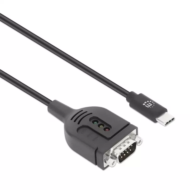 Manhattan USB-C į Serial konverterio kabelis, 1 m, Vyriškas į Vyrišką, Serial/RS232/COM/DB9, Prolific PL2303GT lustas, Juodas kabelis, Trejų metų garantija