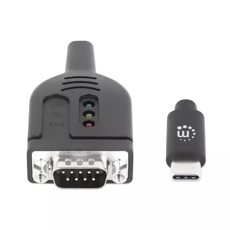 Manhattan USB-C į Serial konverterio kabelis, 1 m, Vyriškas į Vyrišką, Serial/RS232/COM/DB9, Prolific PL2303GT lustas, Juodas kabelis, Trejų metų garantija