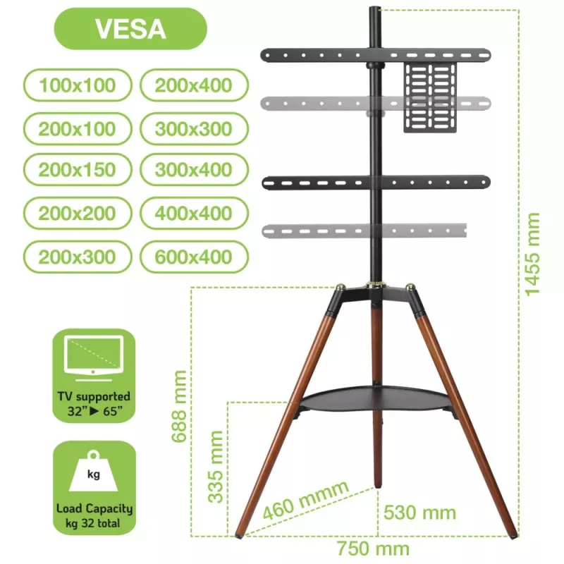 Techly ICA-TR58 TV stovas 165,1 cm (65 inch) juoda, medis
