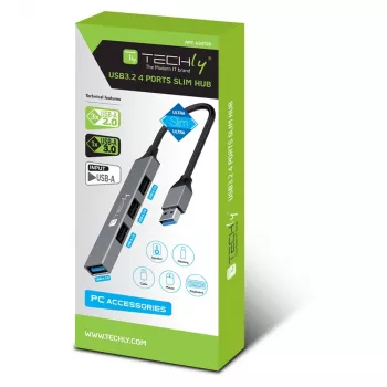 Techly IUSB32-HUB4A-3U2SLS USB 3.2 šakotuvas 4x USB-A, metalinis korpusas, pilka