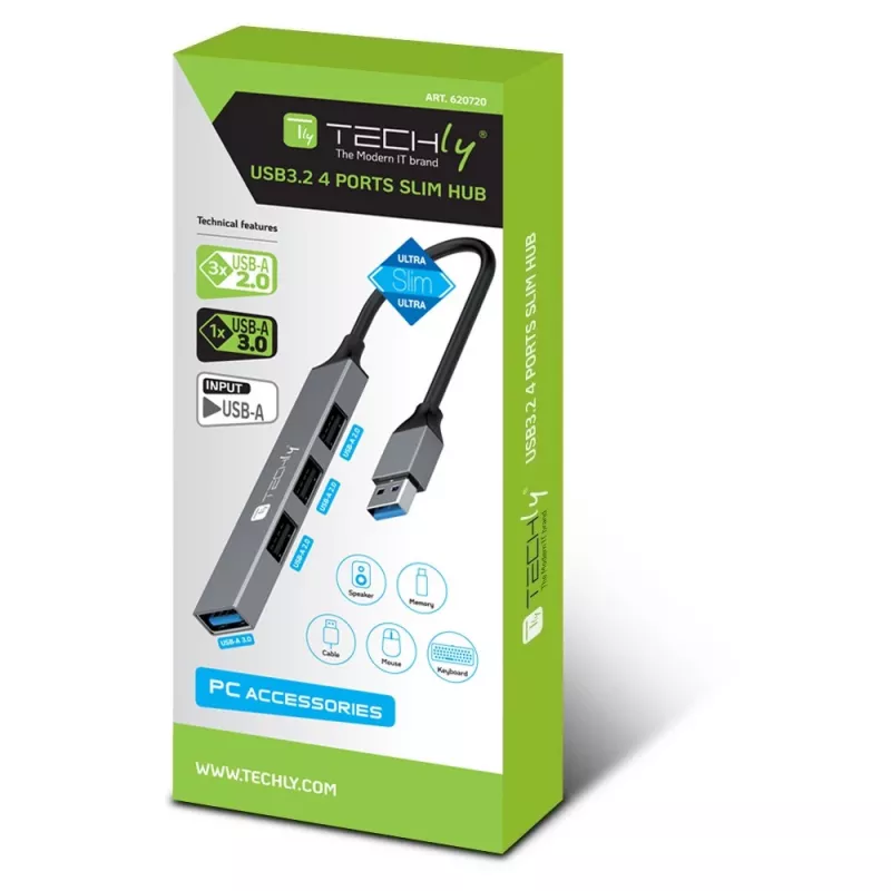 Techly IUSB32-HUB4A-3U2SLS USB 3.2 šakotuvas 4x USB-A, metalinis korpusas, pilka