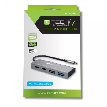 Techly IUSB32C-HUB4AC2 USB-C stotelė / USB 3.2 Gen 1 (3.1 Gen 1) tipo-C belaidė 4 prievadų sidabrinė