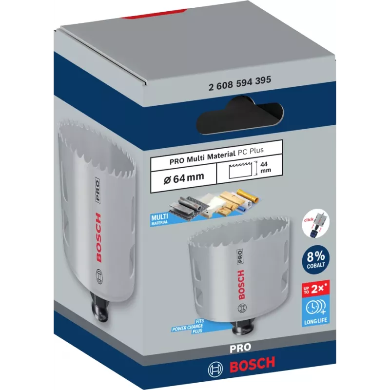 Pjūklas skylėms Bosch PRO Multi Material PC Plus 44/64 mm — Vienvietis, 44–64 mm skersmuo, gręžtuvui, gipso kartonui/metalui/plastikui/minkštai medienai