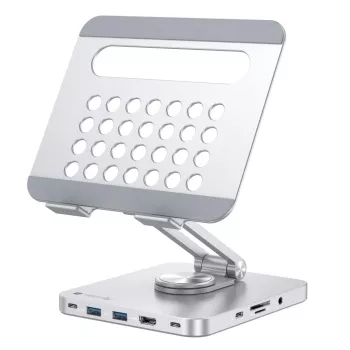 Techly 8-in-1 USB-C hub stovas planšetei, sidabrinis, aliuminis, 360° sukimas, USB 3.2 Gen 1 Type-C, 5000 Mbit/s