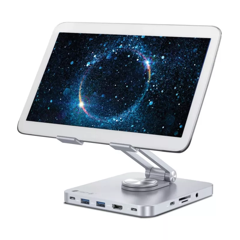 Techly 8-in-1 USB-C hub stovas planšetei, sidabrinis, aliuminis, 360° sukimas, USB 3.2 Gen 1 Type-C, 5000 Mbit/s
