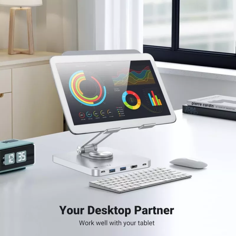 Techly 8-in-1 USB-C hub stovas planšetei, sidabrinis, aliuminis, 360° sukimas, USB 3.2 Gen 1 Type-C, 5000 Mbit/s