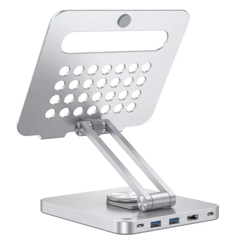Techly 8-in-1 USB-C hub stovas planšetei, sidabrinis, aliuminis, 360° sukimas, USB 3.2 Gen 1 Type-C, 5000 Mbit/s