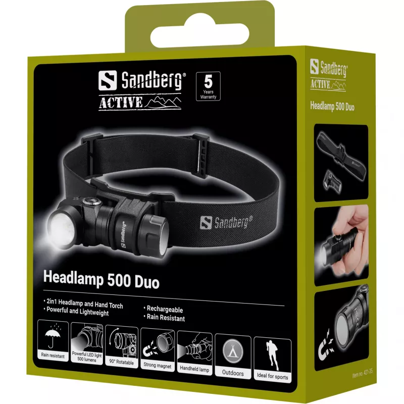 Sandberg Headlamp 500 Duo, priekinė lemputė su galvos juosta, juoda, aliuminis, IP44, LED, 25 lm