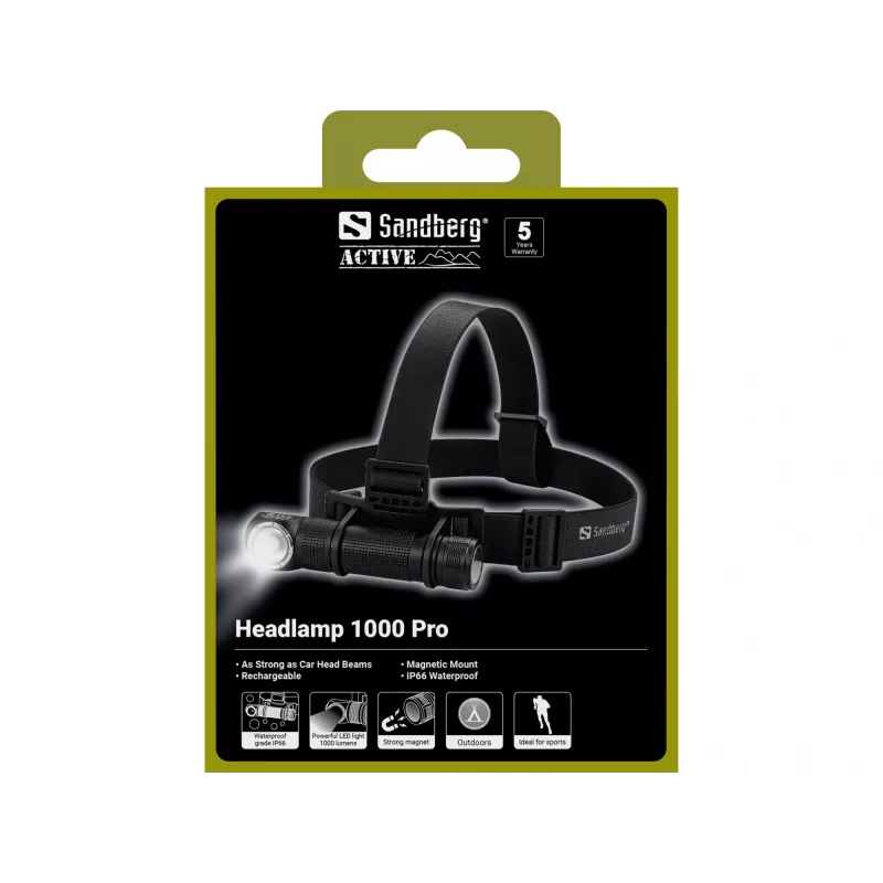 Sandberg Headlamp 1000 Pro – Juodas šviesos diodinis priekinis žibintas su galvos juosta, IP66, aliuminis