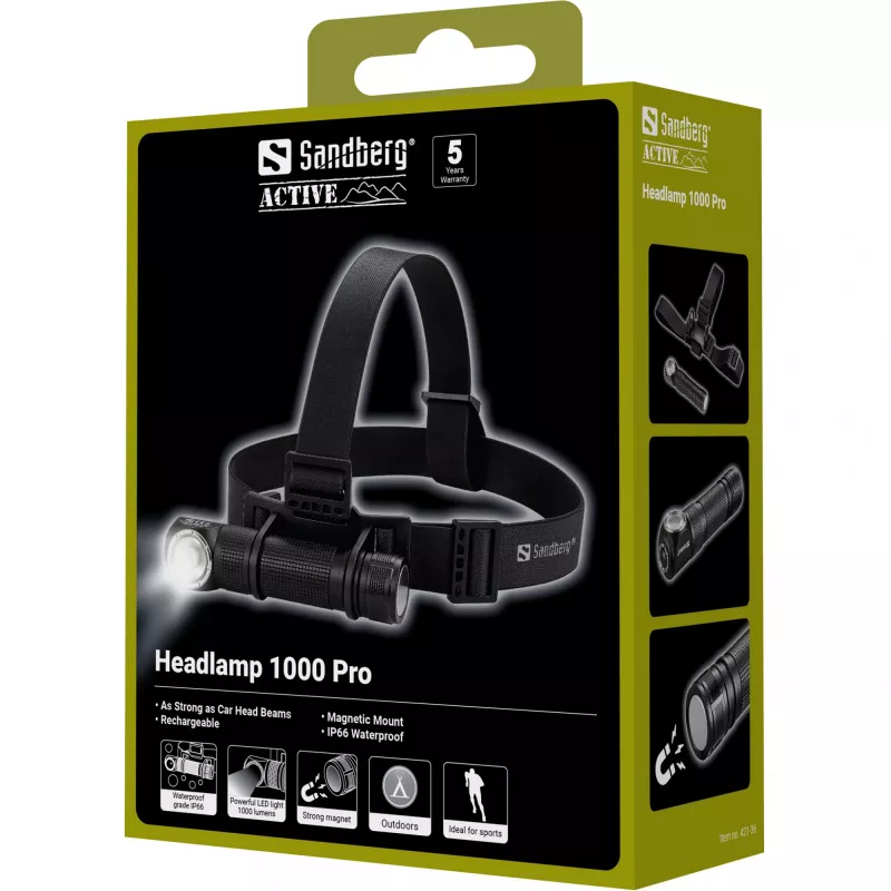Sandberg Headlamp 1000 Pro – Juodas šviesos diodinis priekinis žibintas su galvos juosta, IP66, aliuminis
