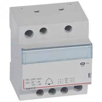 Legrand 413092 skambučio transformatorius 230V/12V 8V 24VA DIN bėgiui