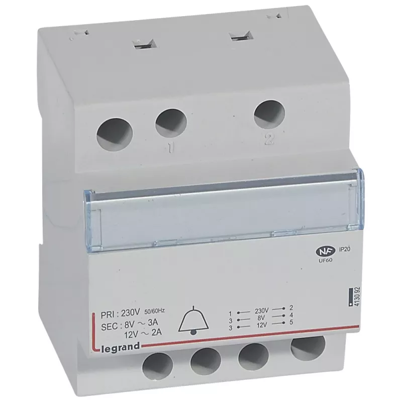 Legrand 413092 skambučio transformatorius 230V/12V 8V 24VA DIN bėgiui