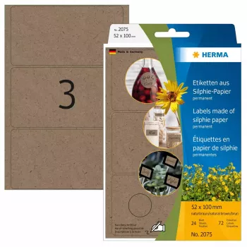 HERMA 2075 lipnūs etikečių lapai, suapvalintas stačiakampis, nuolatiniai, rudi, 72 vnt.