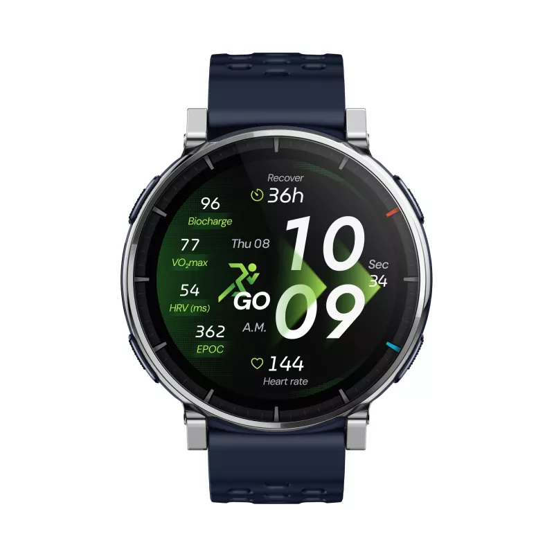 Išmanusis laikrodis Amazfit W2558GL2N — 1,32 colio (3,35 cm) AMOLED 466×466 px, GPS, 365 mAh, mėlynas silikoninis dirželis