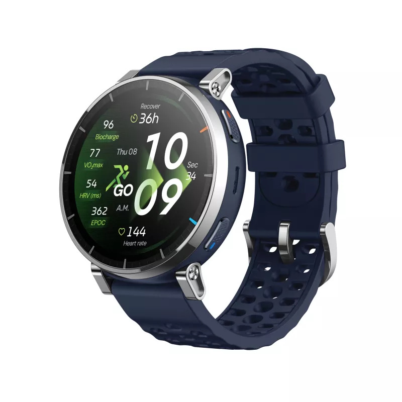 Išmanusis laikrodis Amazfit W2558GL2N — 1,32 colio (3,35 cm) AMOLED 466×466 px, GPS, 365 mAh, mėlynas silikoninis dirželis