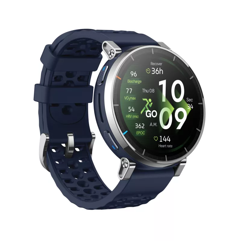 Išmanusis laikrodis Amazfit W2558GL2N — 1,32 colio (3,35 cm) AMOLED 466×466 px, GPS, 365 mAh, mėlynas silikoninis dirželis