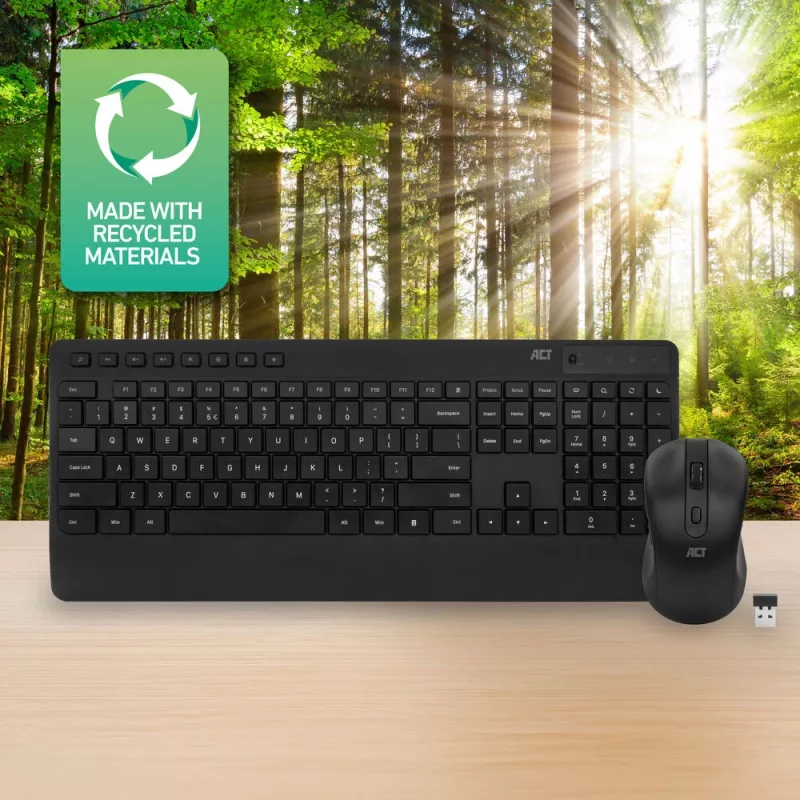 Belaidis klaviatūros ir pelės rinkinys ACT Qwerty, tylūs paspaudimai, ekologiškas, iš perdirbtų medžiagų