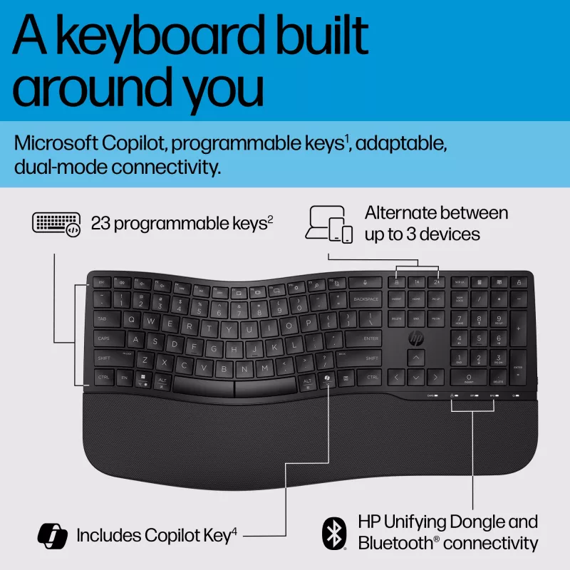 HP 680 Comfort Dual-Mode klaviatūra, pilno dydžio (100 %), belaidė, RF Wireless + Bluetooth, QWERTY, juoda
