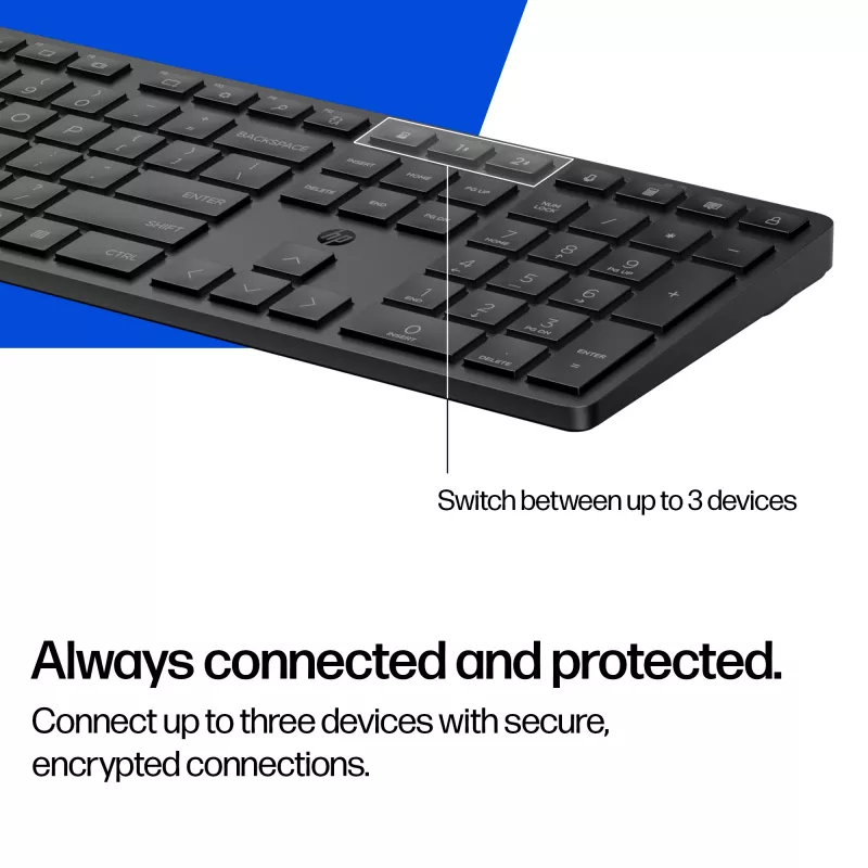 HP 490K daugiaįrenginė dviejų režimų klaviatūra, pilno dydžio (100%), belaidė, USB + Bluetooth, QWERTY, juoda