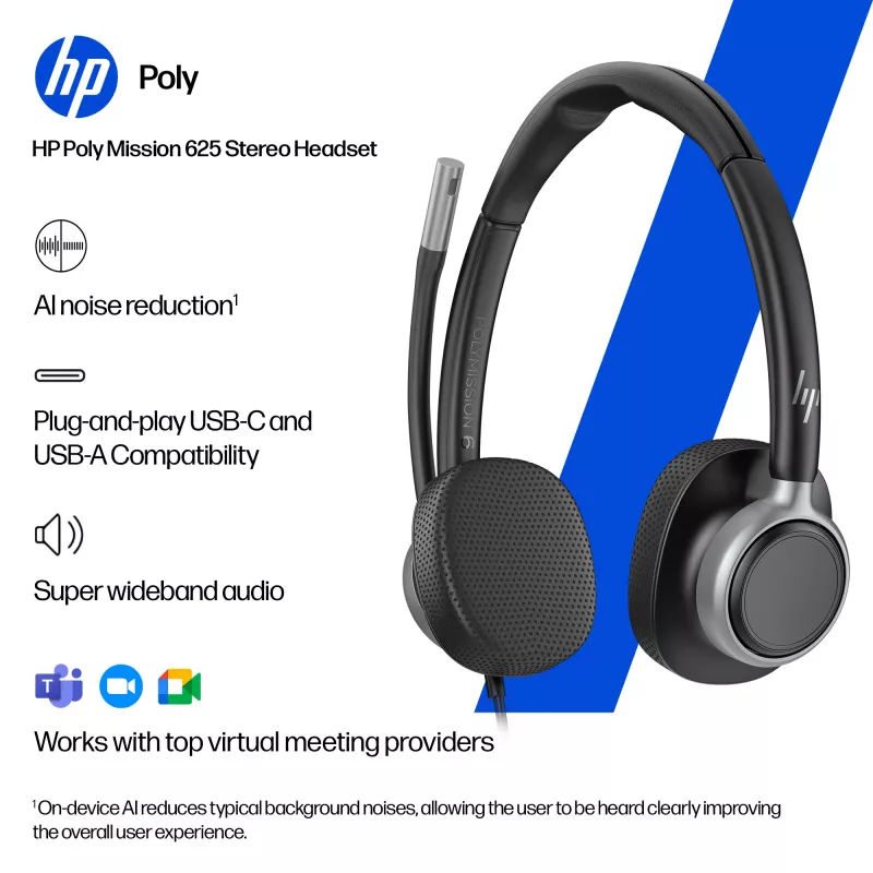 Laidinė stereo USB ausinė HP Poly Mission 625 — ant ausų, 147 g, USB jungtis (didmeninė pakuotė)