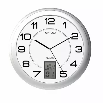 Sieninis / stalinis laikrodis Unilux 100340853 – kvarcinis, apvalus, metalinis sidabrinis, Ø 31 cm, baterija AA/AAA