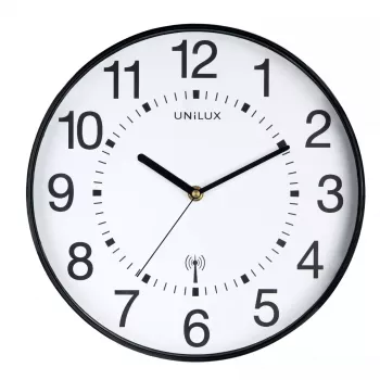 Radijo bangomis sinchronizuojama sieninė atominių laikrodžių laikrodžio sistema Unilux WAVE Round Black, 30 cm skersmuo, baterija AA 1,5 V