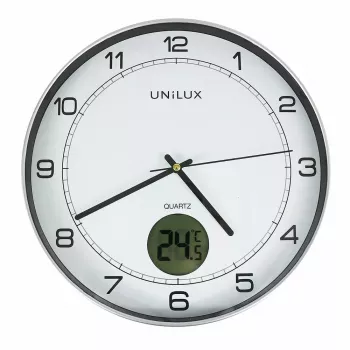 Sieninis/stalinis laikrodis Unilux 400094592 – kvarcinis, apvalus, metalinis sidabrinis, Ø 30 cm, baterija AA/AAA