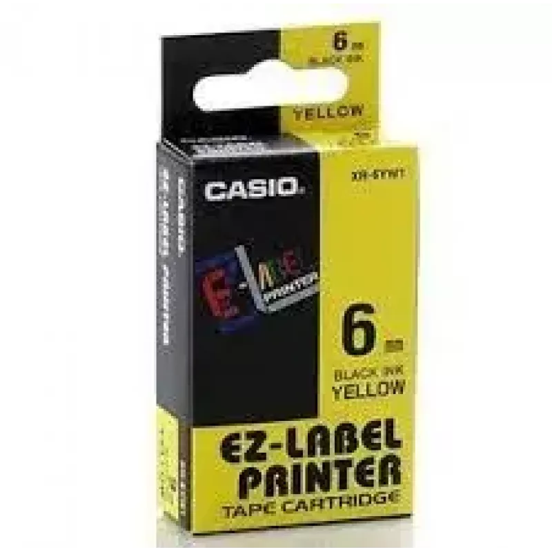 Juostelė etiketėms CASIO XR-6YW1 — 6 mm x 8 m, juodas tekstas geltoname fone, juoda kasetė