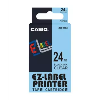 Juostelė etikečių CASIO XR-24X1 – juoda ant skaidrios, 24 mm × 8 m
