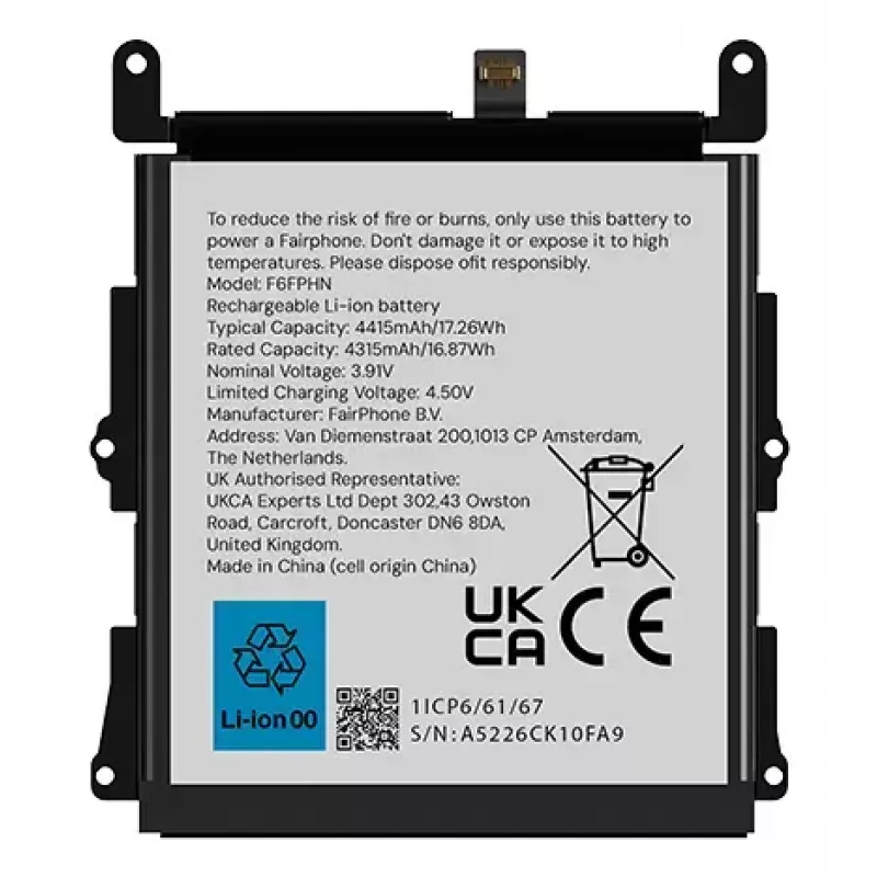 Baterija Fairphone F6BATT-1ZW-WW1 Juoda 68,2 mm x 6,35 mm