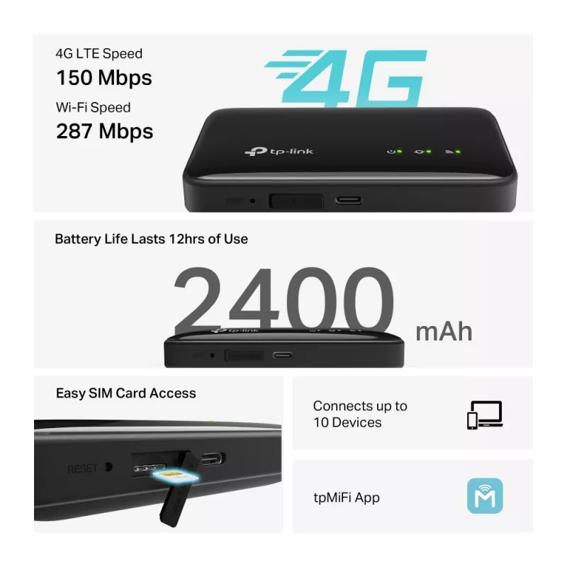 4G belaidis maršrutizatorius TP-Link M7005 vieno dažnio 2,4 GHz, NanoSIM, Wi-Fi 6, juodas