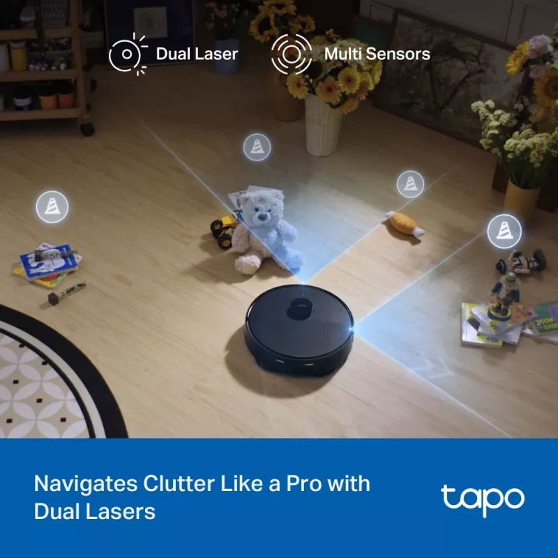 Robotinis siurblys TP-Link Tapo RV50 Pro Omni — 0,28 L dulkių talpa, 5200 mAh baterija, bazinė stotis su 3 L dulkių talpa