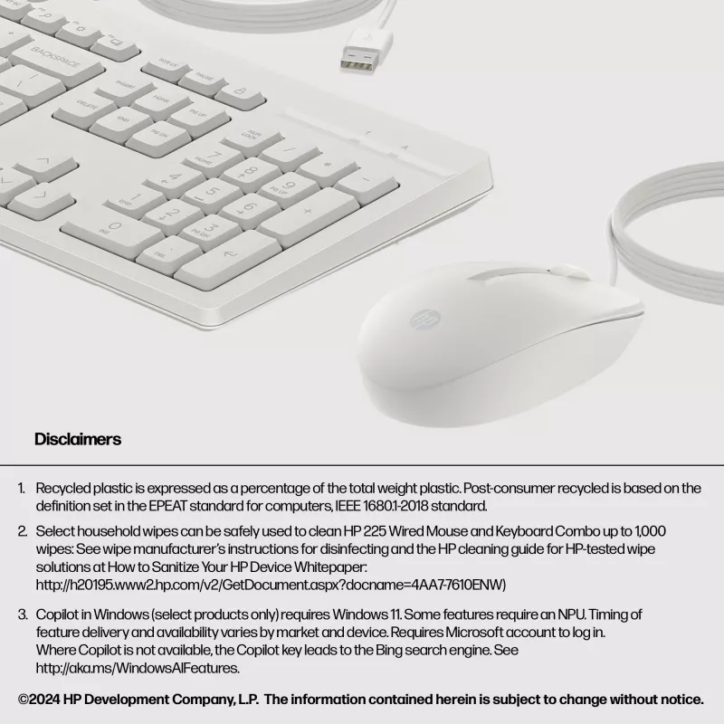 HP 225 belaidžių laidinių pelių ir klaviatūrų rinkinys, pilno dydžio (100%), laidinis, USB, baltas, pelė įtraukta