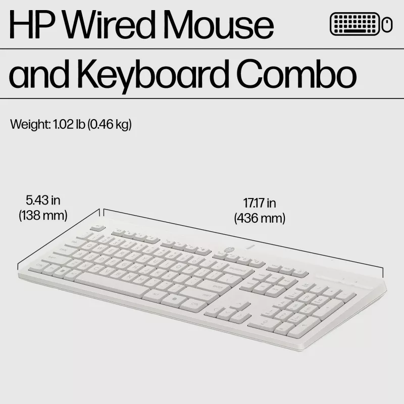 HP 225 belaidžių laidinių pelių ir klaviatūrų rinkinys, pilno dydžio (100%), laidinis, USB, baltas, pelė įtraukta