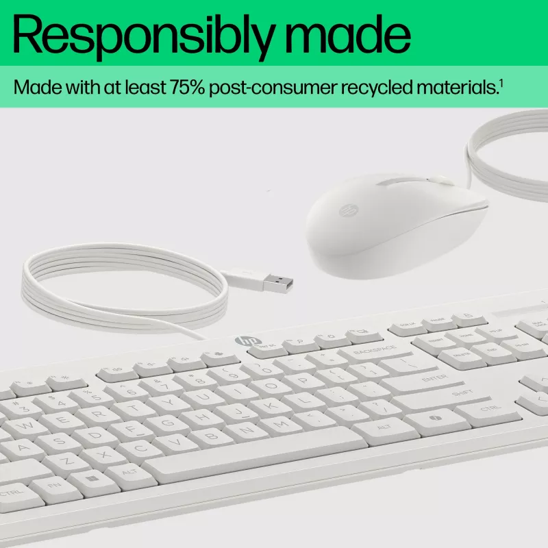 HP 225 belaidžių laidinių pelių ir klaviatūrų rinkinys, pilno dydžio (100%), laidinis, USB, baltas, pelė įtraukta