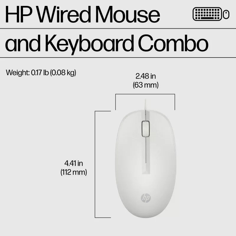 HP 225 belaidžių laidinių pelių ir klaviatūrų rinkinys, pilno dydžio (100%), laidinis, USB, baltas, pelė įtraukta