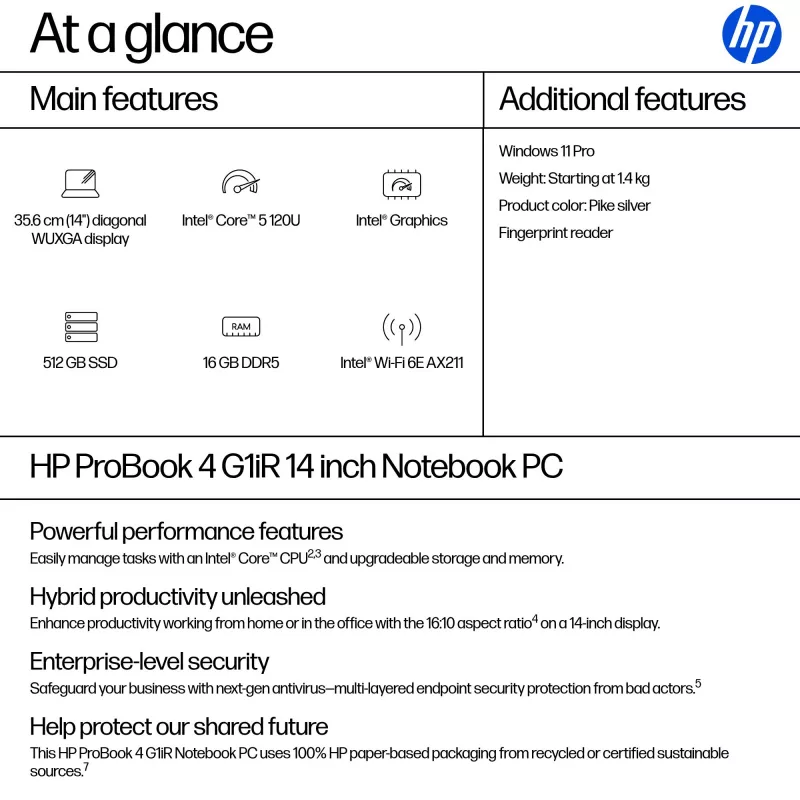 HP ProBook 4 G1iR Intel Core 5 120U nešiojamas kompiuteris 35,6 cm (14 colių) WUXGA 16 GB DDR5-SDRAM Wi-Fi 6E (802.11ax) Windows 11 Pro sidabrinis