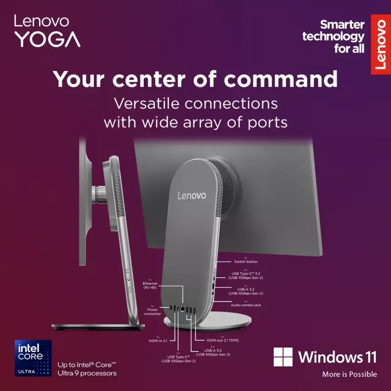 All-in-One kompiuteris Lenovo Yoga AIO 9 27IAH10 — 27 colių QHD, Intel Core Ultra 7 255H, 16 GB LPDDR5x, 1 TB SSD, Intel Arc 140T, Windows 11 Home