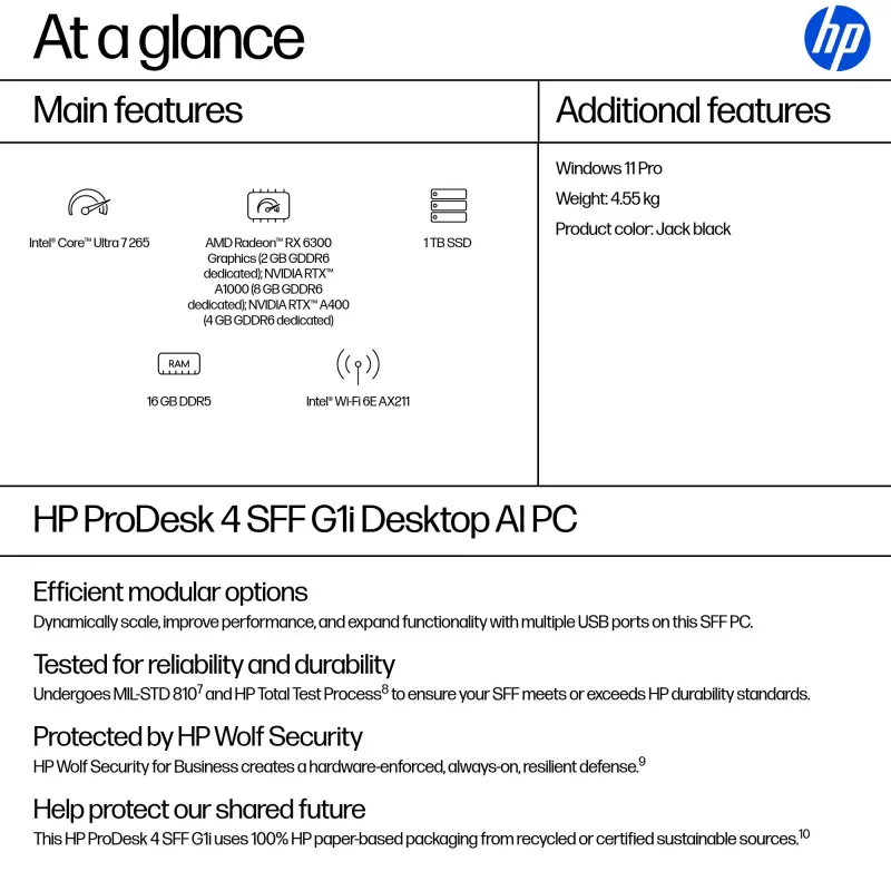 Kompiuteris HP ProDesk 4 SFF G1i AI – Intel Core Ultra 7 265 (5.3 GHz, 20 branduolių), 16 GB DDR5, 1 TB NVMe SSD, Windows 11 Pro, Wi‑Fi 6E