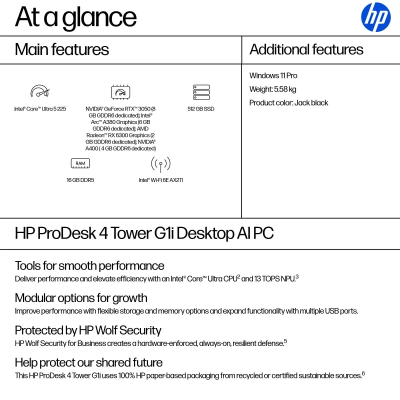 HP ProDesk 4 Tower G1i stalinis AI kompiuteris Intel Core Ultra 5 225 16 GB DDR5-SDRAM Windows 11 Pro