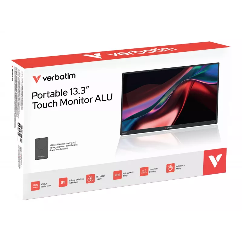 Nešiojamas monitorius VERBATIM 13.3 colių WUXGA (1920x1200) IPS jutiklinis ekranas, baterija, USB-A/USB-C, 3.5 mm, aliuminis, 0,925 kg