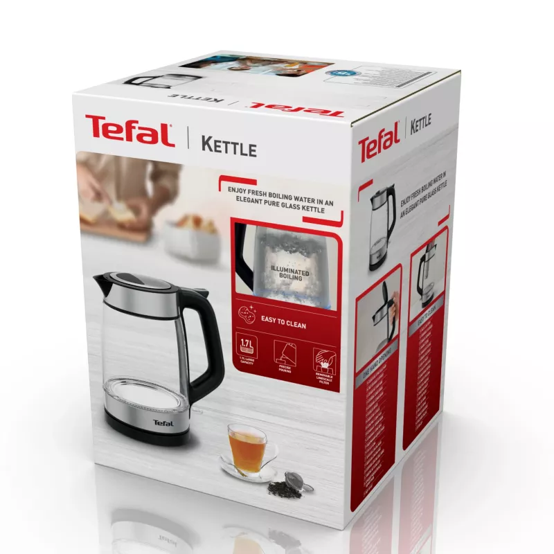 Tefal Glass Kettle KI605830 elektrinis virdulys 1.7 L 2200 W juodas, sidabrinis, permatomas