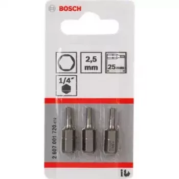Atsuktuvų antgalių rinkinys Bosch 3 vnt. — saugos šešiakampis 2,5 mm, ilgis 25 mm, kotas 1/4 colio