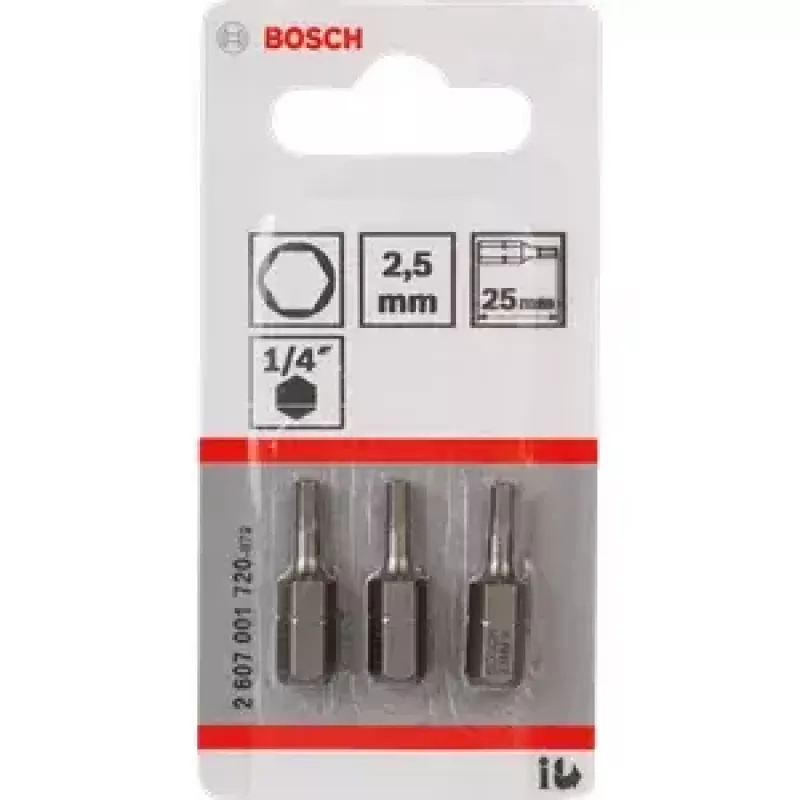 Atsuktuvų antgalių rinkinys Bosch 3 vnt. — saugos šešiakampis 2,5 mm, ilgis 25 mm, kotas 1/4 colio