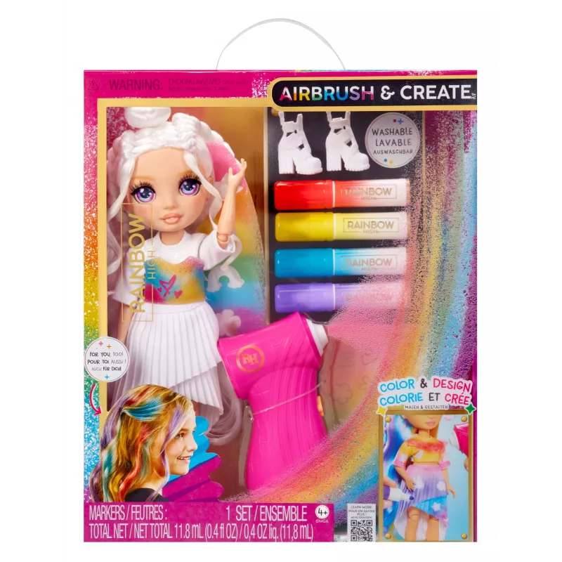 Rainbow High Air Brush & Create mados lėlė su purškimo rinkiniu - violetinės akys