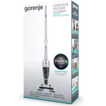 Gorenje SVC180FW 2-in-1 lazdelinis dulkių siurblys, baterija, sausas valymas, HEPA, be maišelio, 0,6 L, baltas