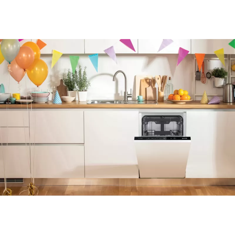 Gorenje indaplovė GV561D10 BK070, visiškai įmontuojama, siaura (45 cm), balta, juoda, mygtukai