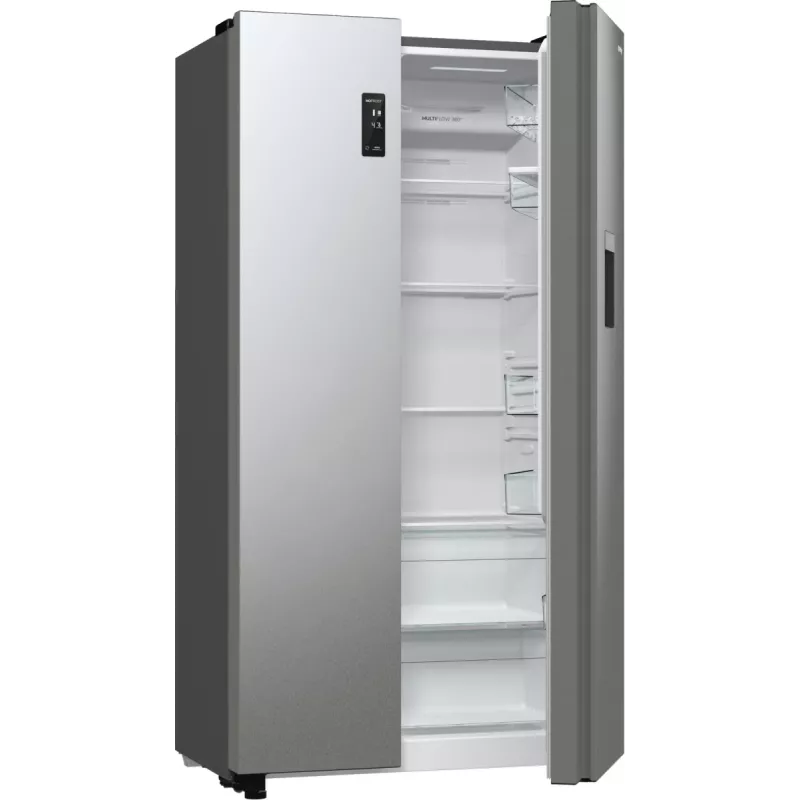 Šaldytuvas Gorenje Side by Side NRR9185DAXLWD BK065B, laisvai pastatomas, amerikietiškos durelės, pilkas, LED, ant durelių, R600a