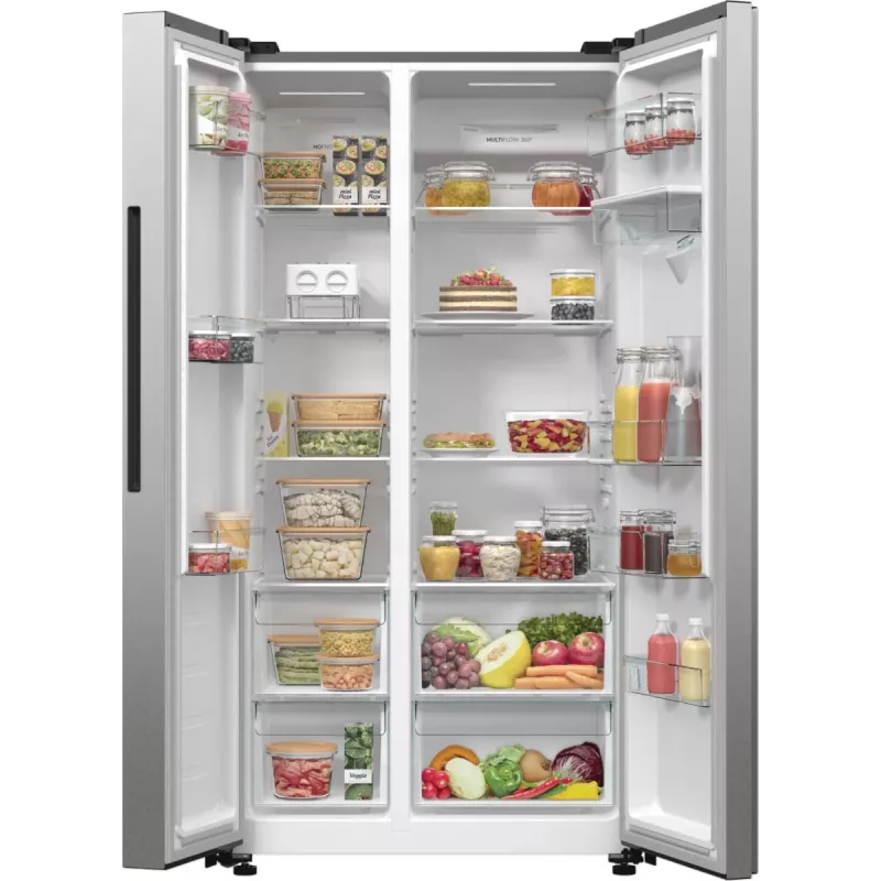 Šaldytuvas Gorenje Side by Side NRR9185DAXLWD BK065B, laisvai pastatomas, amerikietiškos durelės, pilkas, LED, ant durelių, R600a